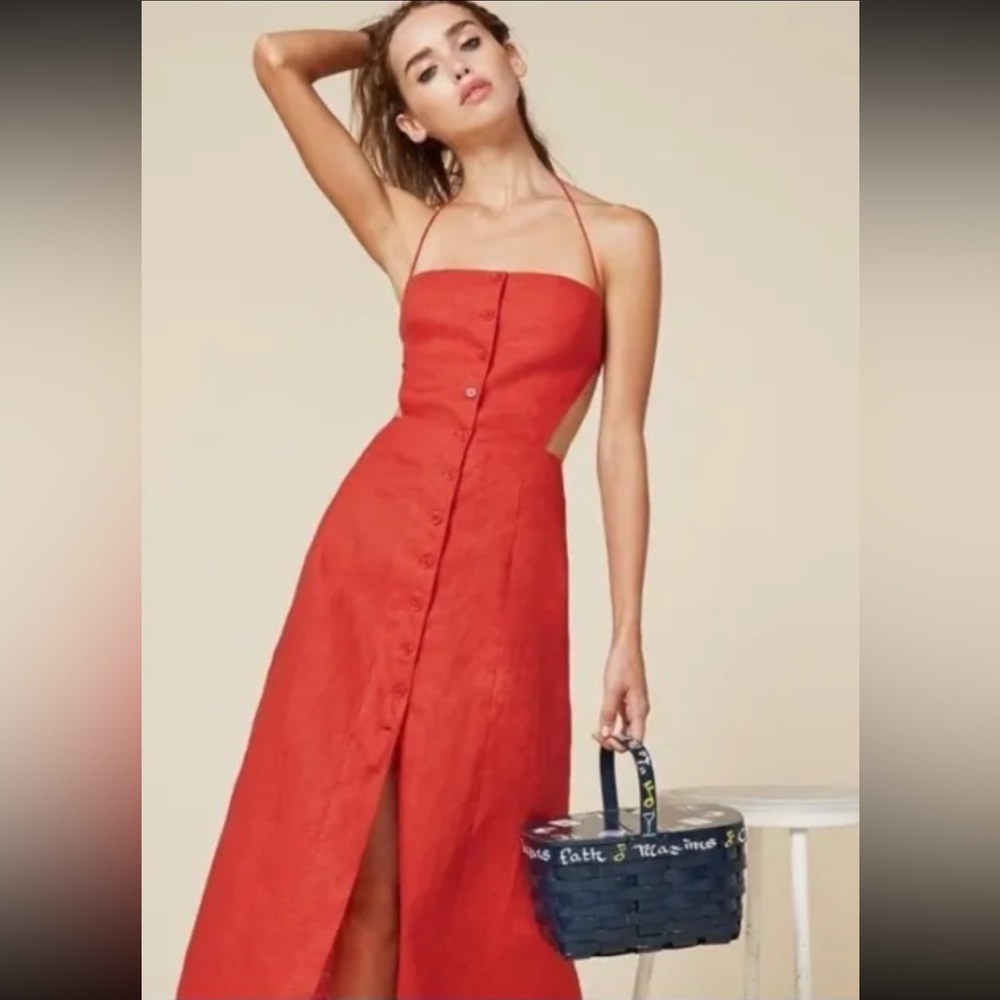 Reformation Manon Linen Tencel Cut Out Open Back Midi Dress in Red Orange Sz 6